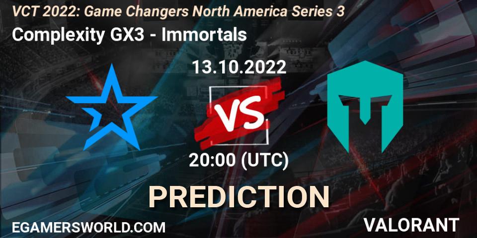 Complexity GX3 - Immortals: ennuste. 13.10.2022 at 20:10, VALORANT, VCT 2022: Game Changers North America Series 3