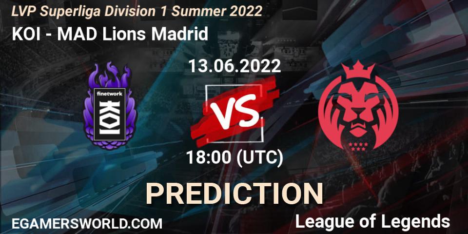 KOI - MAD Lions Madrid: ennuste. 13.06.2022 at 18:00, LoL, LVP Superliga Division 1 Summer 2022