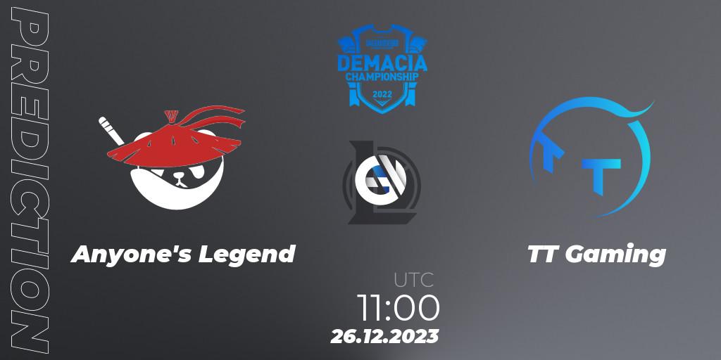 Anyone's Legend - TT Gaming: ennuste. 26.12.2023 at 11:00, LoL, Demacia Cup 2023 Group Stage