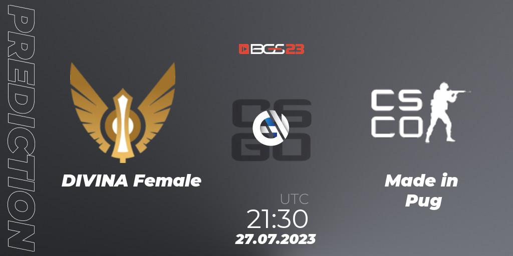 DIVINA Female - Made in Pug: ennuste. 27.07.2023 at 21:30, Counter-Strike (CS2), BGS Esports 2023 Female: Online Stage