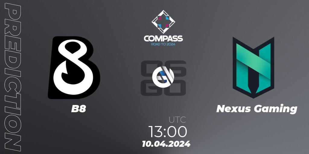B8 - Nexus Gaming: ennuste. 10.04.2024 at 13:00, Counter-Strike (CS2), YaLLa Compass Spring 2024