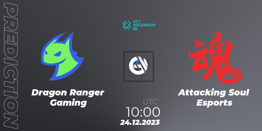Dragon Ranger Gaming - Attacking Soul Esports: ennuste. 24.12.2023 at 12:40, VALORANT, VALORANT China Ascension 2023