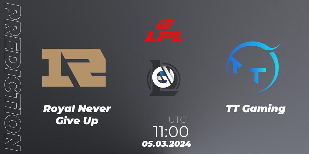 Royal Never Give Up - TT Gaming: ennuste. 05.03.24, LoL, LPL Spring 2024 - Group Stage