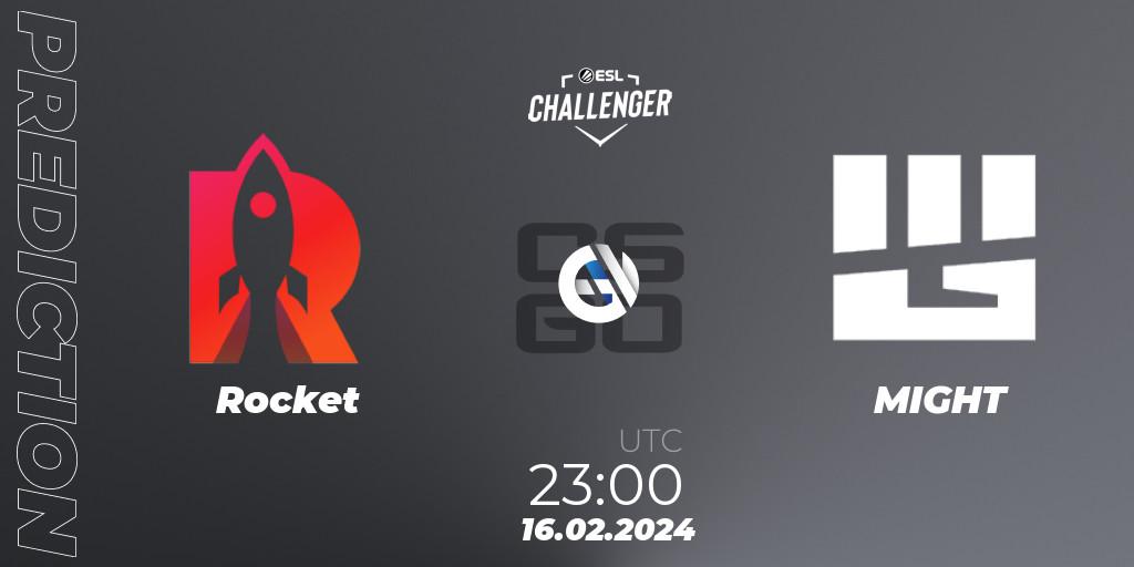 Rocket - MIGHT: ennuste. 16.02.2024 at 23:10, Counter-Strike (CS2), ESL Challenger #56: North American Open Qualifier