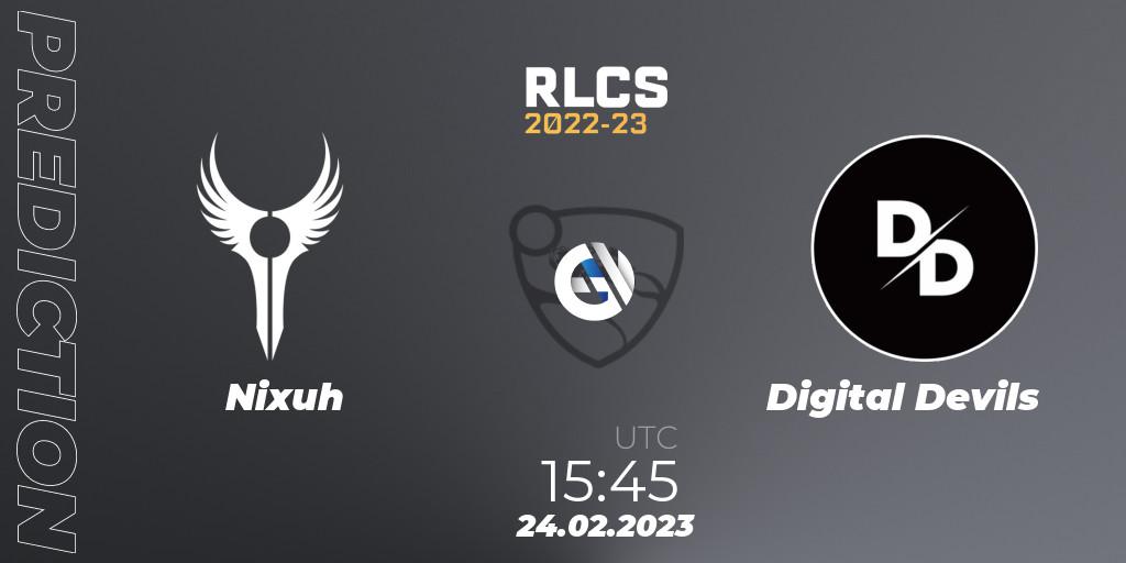 Nixuh - Digital Devils: ennuste. 24.02.2023 at 15:45, Rocket League, RLCS 2022-23 - Winter: Sub-Saharan Africa Regional 3 - Winter Invitational