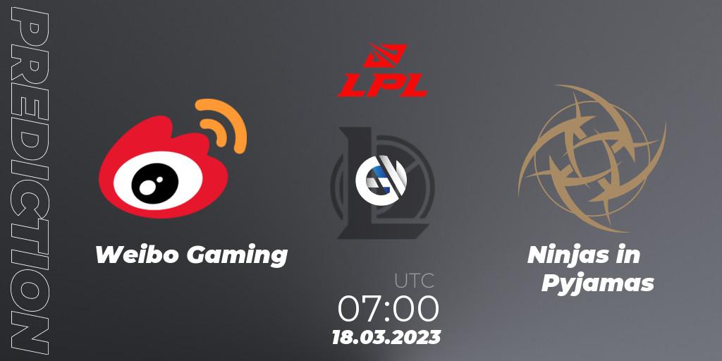 Weibo Gaming - Ninjas in Pyjamas: ennuste. 18.03.2023 at 07:00, LoL, LPL Spring 2023 - Group Stage