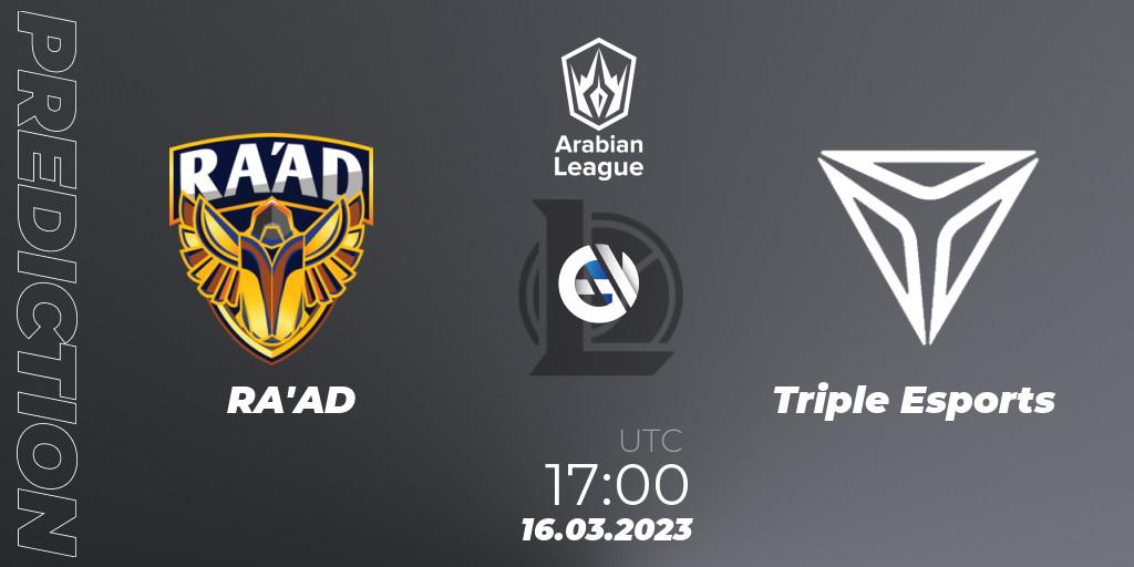 RA'AD - Triple Esports: ennuste. 16.03.2023 at 17:00, LoL, Arabian League 2nd Division Spring 2023