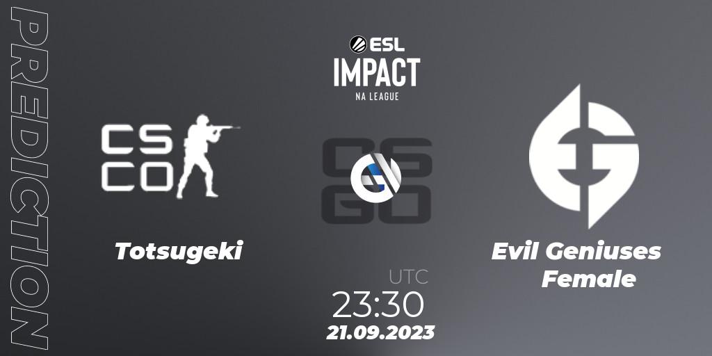 Totsugeki - Evil Geniuses Female: ennuste. 21.09.2023 at 23:30, Counter-Strike (CS2), ESL Impact League Season 4: North American Division