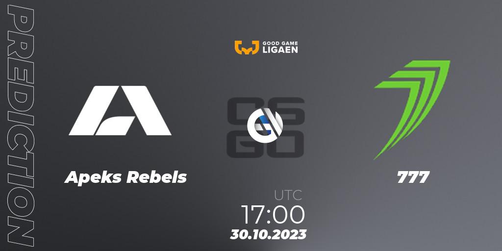 Apeks Rebels - 777: ennuste. 30.10.2023 at 17:00, Counter-Strike (CS2), Good Game-ligaen Fall 2023: Regular Season