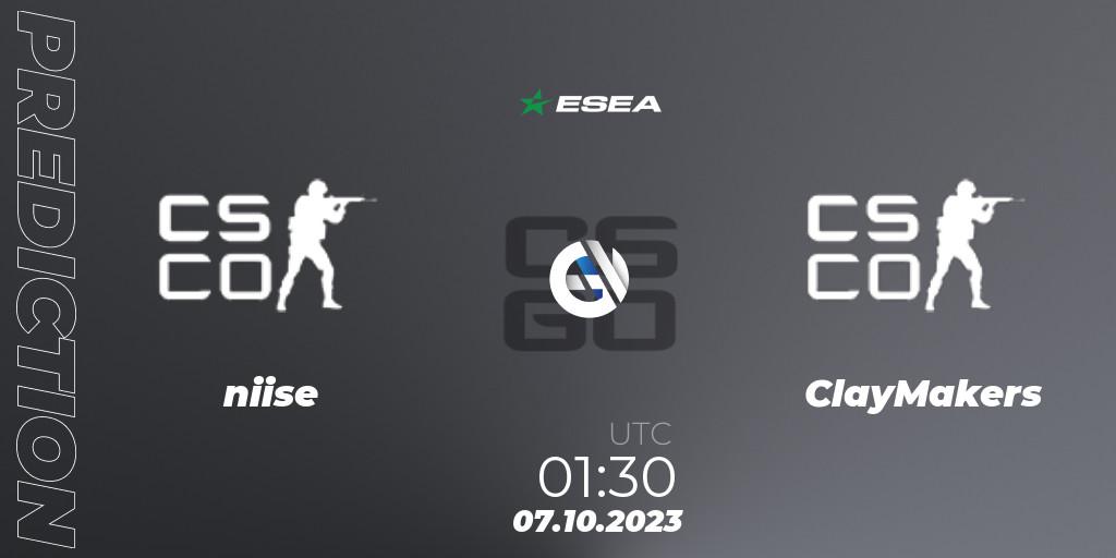 niise - ClayMakers: ennuste. 07.10.2023 at 00:35, Counter-Strike (CS2), ESEA Advanced Season 46 North America
