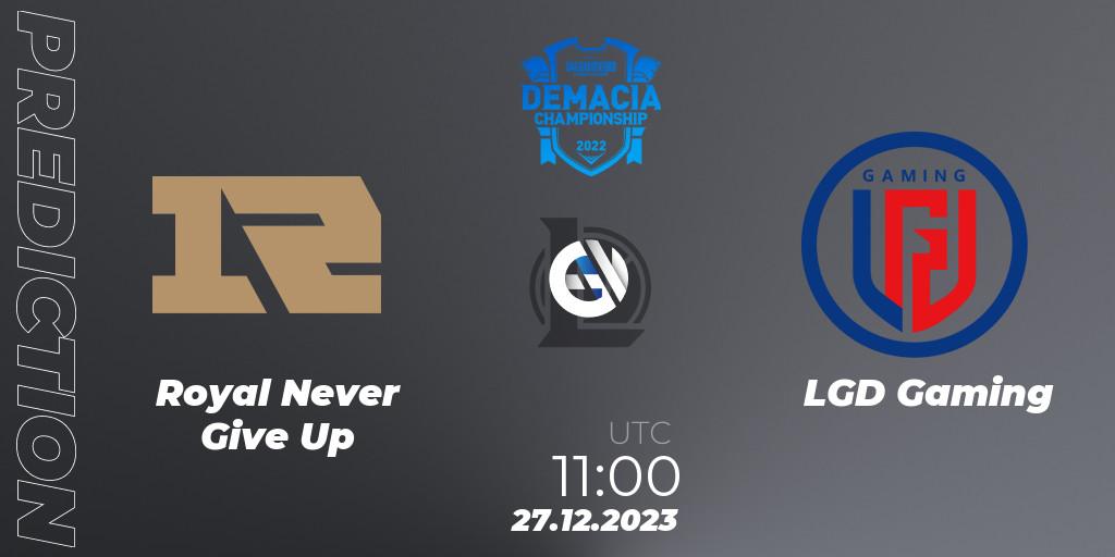 Royal Never Give Up - LGD Gaming: ennuste. 27.12.2023 at 11:15, LoL, Demacia Cup 2023 Group Stage