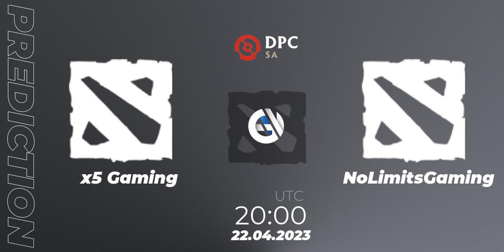 x5 Gaming - NoLimitsGaming: ennuste. 22.04.2023 at 20:20, Dota 2, DPC 2023 Tour 2: SA Division II (Lower)