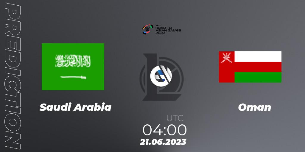 Saudi Arabia - Oman: ennuste. 21.06.2023 at 04:00, LoL, 2022 AESF Road to Asian Games - West Asia