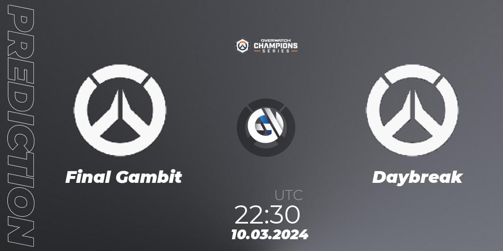 Final Gambit - Daybreak: ennuste. 10.03.2024 at 22:30, Overwatch, Overwatch Champions Series 2024 - North America Stage 1 Group Stage