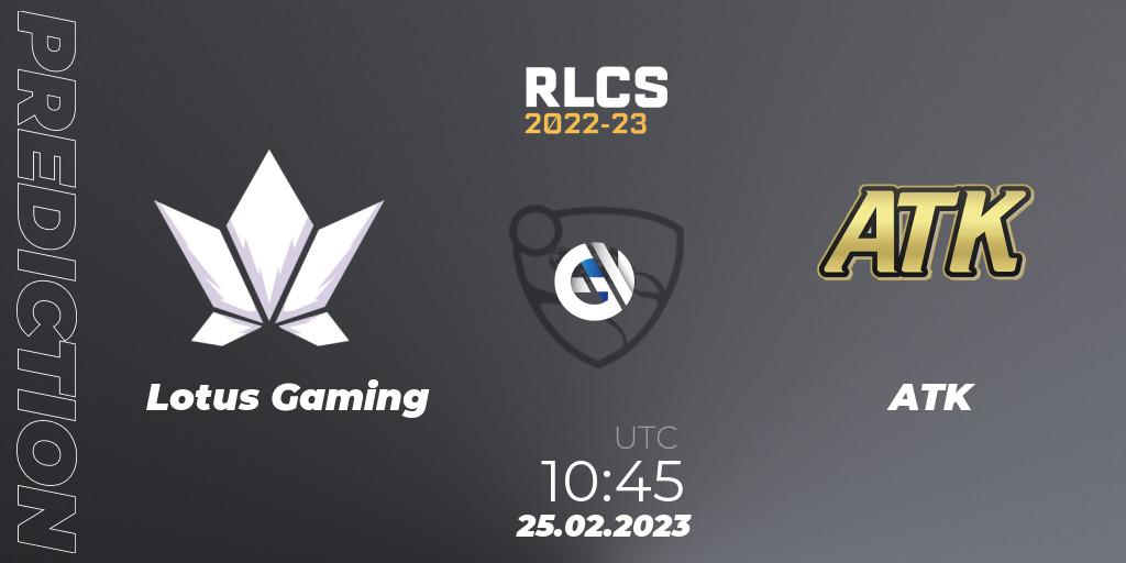 Lotus Gaming - ATK: ennuste. 25.02.2023 at 10:45, Rocket League, RLCS 2022-23 - Winter: Asia-Pacific Regional 3 - Winter Invitational