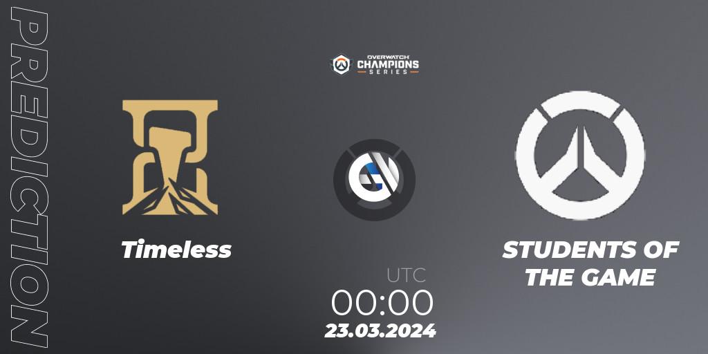 Timeless - STUDENTS OF THE GAME: ennuste. 22.03.2024 at 23:00, Overwatch, Overwatch Champions Series 2024 - North America Stage 1 Main Event