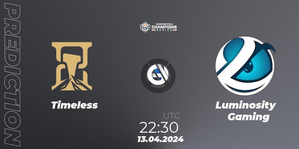 Timeless - Luminosity Gaming: ennuste. 13.04.2024 at 22:30, Overwatch, Overwatch Champions Series 2024 - North America Stage 2 Group Stage