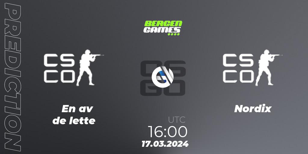 En av de lette - Nordix Esport: ennuste. 17.03.2024 at 16:00, Counter-Strike (CS2), Bergen Games 2024