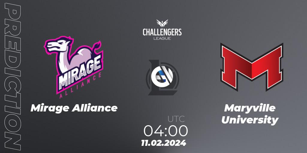 Mirage Alliance - Maryville University: ennuste. 11.02.2024 at 04:00, LoL, NACL 2024 Spring - Group Stage