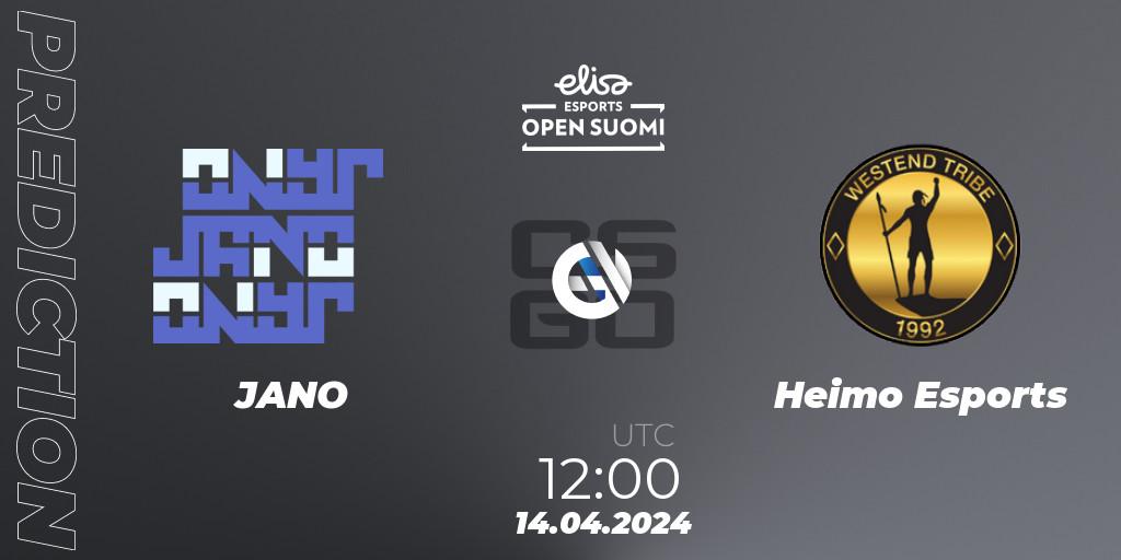 JANO - Heimo Esports: ennuste. 14.04.2024 at 12:00, Counter-Strike (CS2), Elisa Open Suomi Season 6