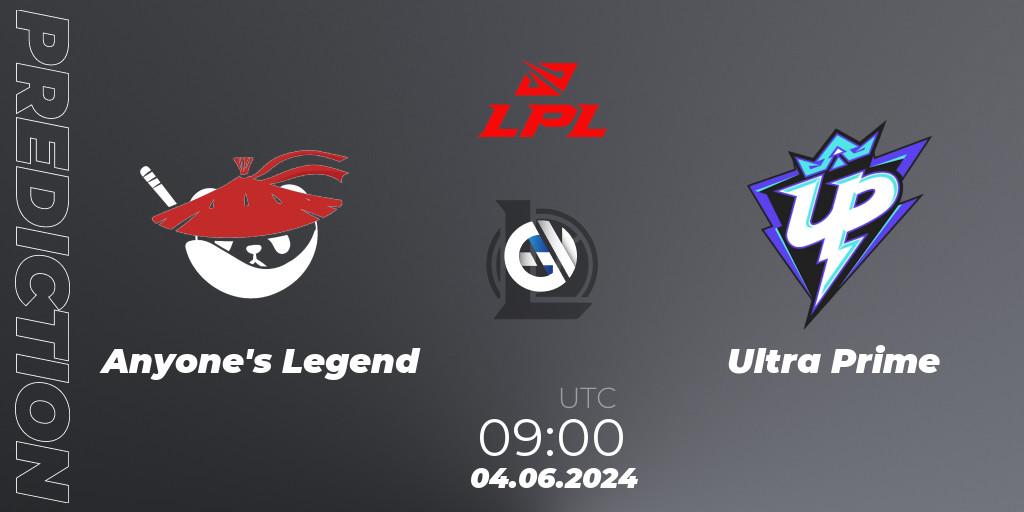 Anyone's Legend - Ultra Prime: ennuste. 04.06.2024 at 09:00, LoL, LPL 2024 Summer - Group Stage