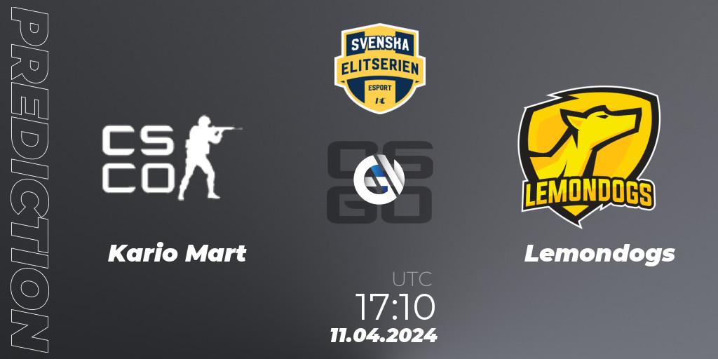Kario Mart - Lemondogs: ennuste. 11.04.2024 at 17:10, Counter-Strike (CS2), Svenska Elitserien Spring 2024