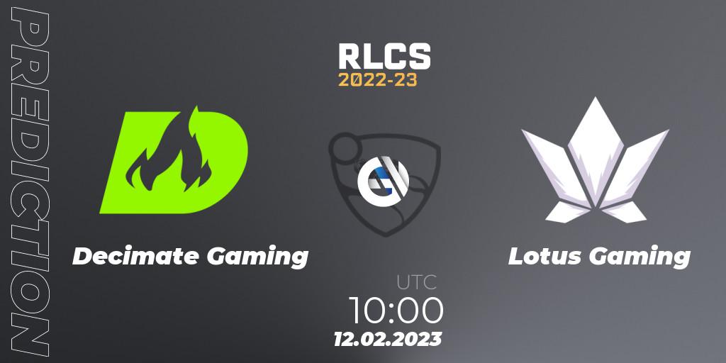 Decimate Gaming - Lotus Gaming: ennuste. 12.02.2023 at 11:00, Rocket League, RLCS 2022-23 - Winter: Asia-Pacific Regional 2 - Winter Cup