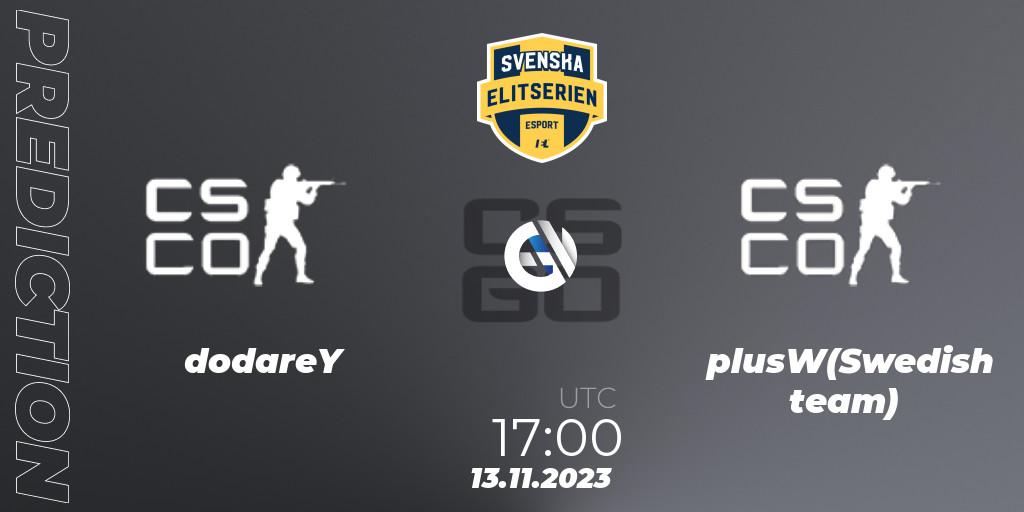 dodareY - plusW(Swedish team): ennuste. 13.11.2023 at 17:00, Counter-Strike (CS2), Svenska Elitserien Fall 2023: Online Stage