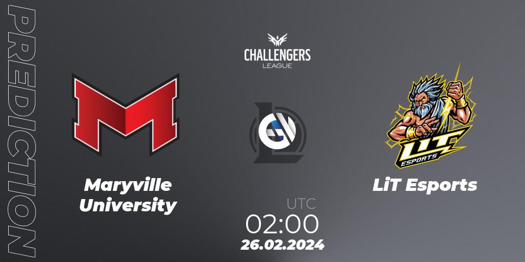 Maryville University - LiT Esports: ennuste. 26.02.2024 at 02:00, LoL, NACL 2024 Spring - Group Stage