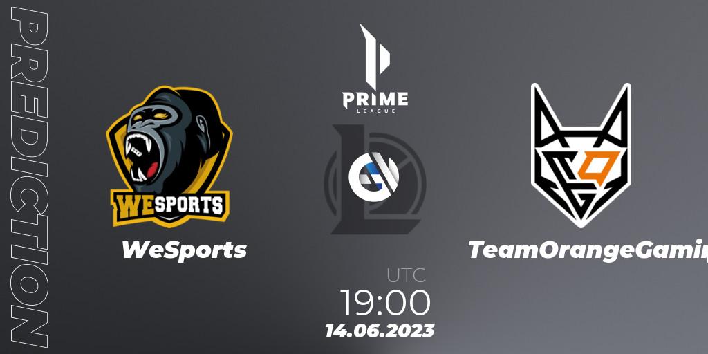 WeSports - TeamOrangeGaming: ennuste. 14.06.2023 at 19:00, LoL, Prime League 2nd Division Summer 2023
