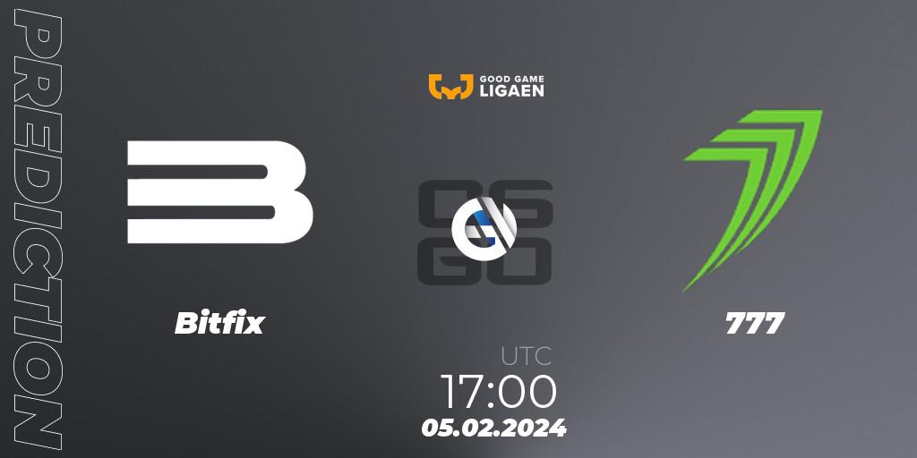 Bitfix - 777: ennuste. 05.02.2024 at 17:00, Counter-Strike (CS2), Good Game-ligaen Spring 2024