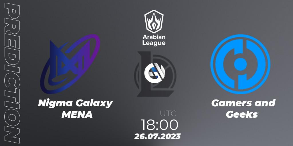 Nigma Galaxy MENA - Gamers and Geeks: ennuste. 26.07.2023 at 18:00, LoL, Arabian League Summer 2023 - Group Stage