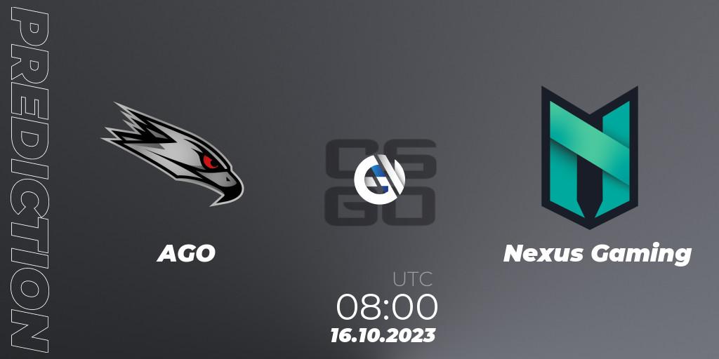 AGO - Nexus Gaming: ennuste. 16.10.2023 at 09:00, Counter-Strike (CS2), European Pro League Season 11: Division 2