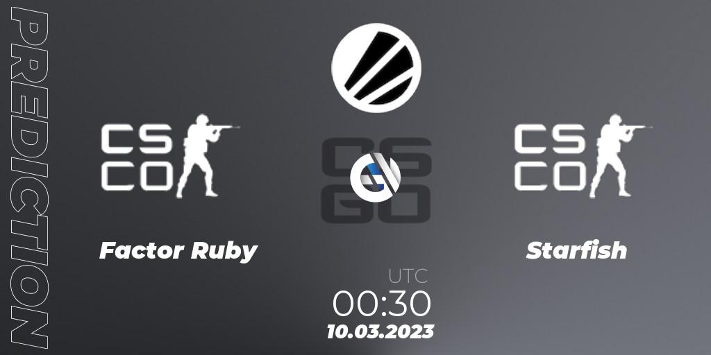 Factor Ruby - Starfish: ennuste. 10.03.2023 at 00:30, Counter-Strike (CS2), ESL Impact League Season 3: North American Division