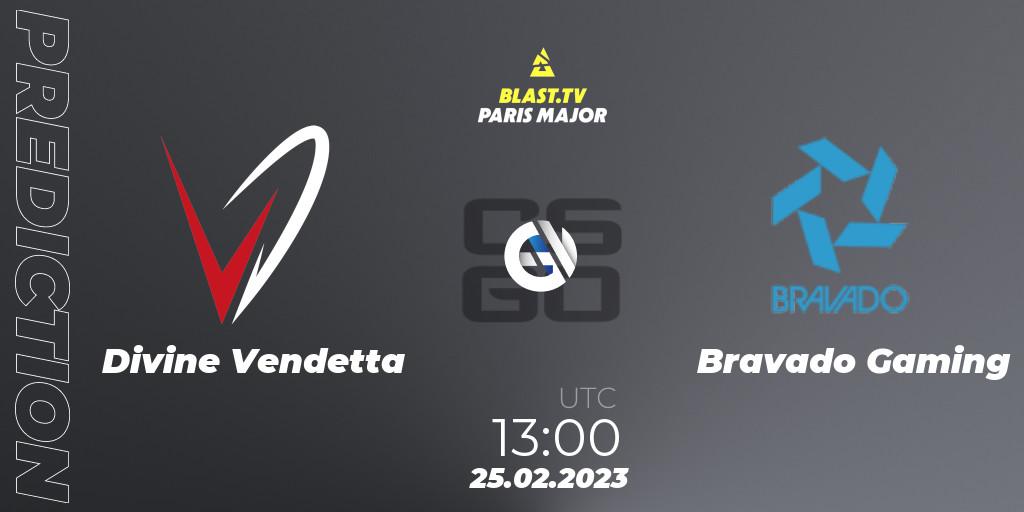 Divine Vendetta - Bravado Gaming: ennuste. 25.02.2023 at 13:00, Counter-Strike (CS2), BLAST.tv Paris Major 2023 Middle East RMR Closed Qualifier