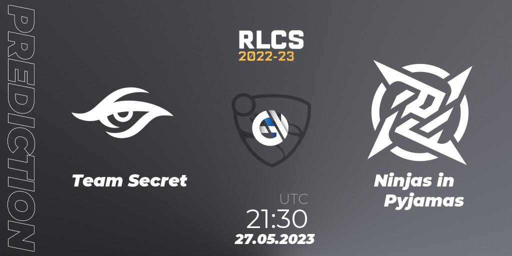 Team Secret - Ninjas in Pyjamas: ennuste. 27.05.2023 at 21:40, Rocket League, RLCS 2022-23 - Spring: South America Regional 2 - Spring Cup