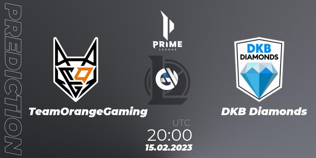 TeamOrangeGaming - DKB Diamonds: ennuste. 15.02.2023 at 20:00, LoL, Prime League 2nd Division Spring 2023 - Group Stage