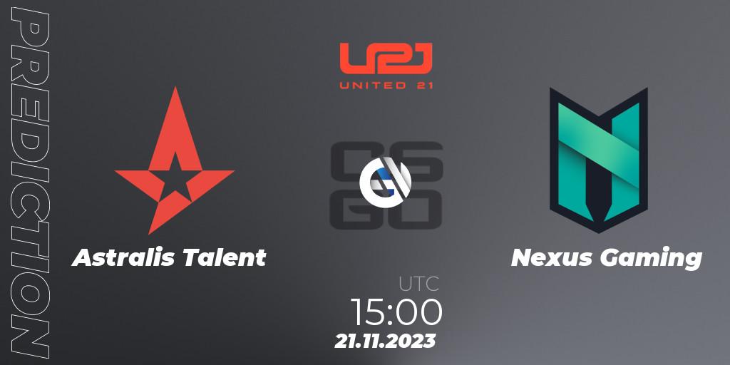 Astralis Talent - Nexus Gaming: ennuste. 21.11.2023 at 16:00, Counter-Strike (CS2), United21 Season 8