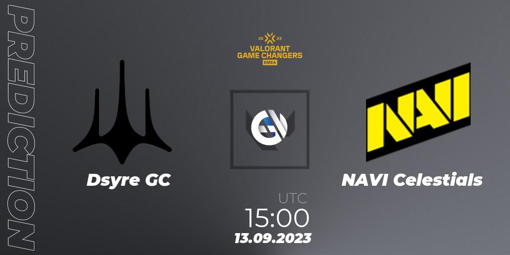 Dsyre GC - NAVI Celestials: ennuste. 13.09.2023 at 15:00, VALORANT, VCT 2023: Game Changers EMEA Stage 3 - Group Stage