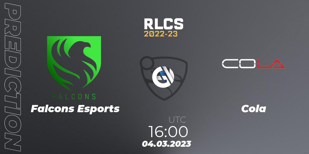 Falcons Esports - Cola: ennuste. 04.03.2023 at 16:00, Rocket League, RLCS 2022-23 - Winter: Middle East and North Africa Regional 3 - Winter Invitational