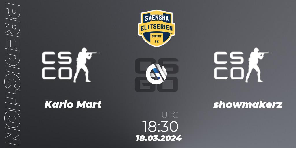 Kario Mart - showmakerz: ennuste. 18.03.2024 at 18:30, Counter-Strike (CS2), Svenska Elitserien Spring 2024