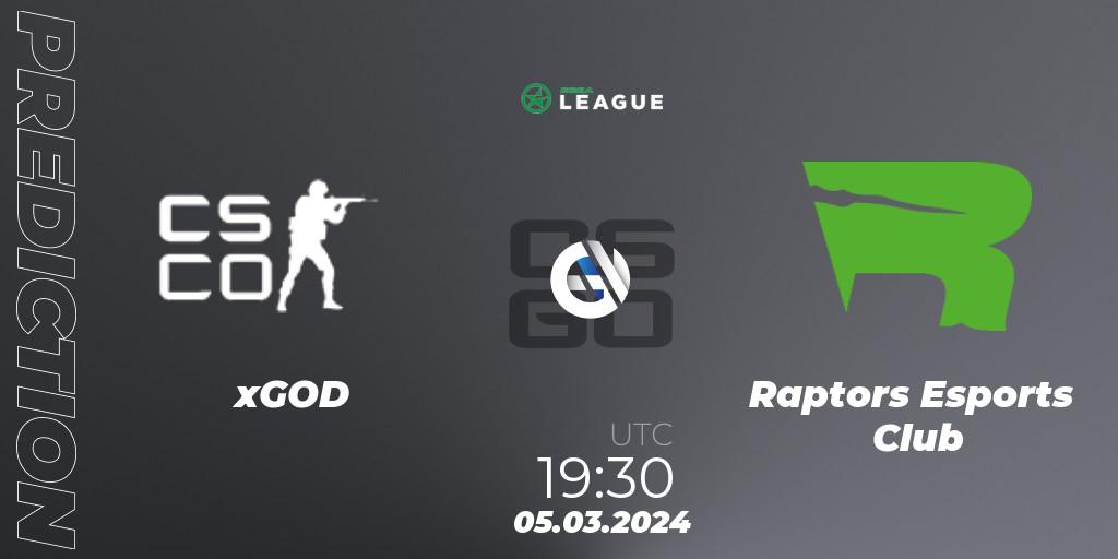 xGOD - Raptors Esports Club: ennuste. 05.03.2024 at 19:30, Counter-Strike (CS2), ESEA Season 48: Main Division - Europe