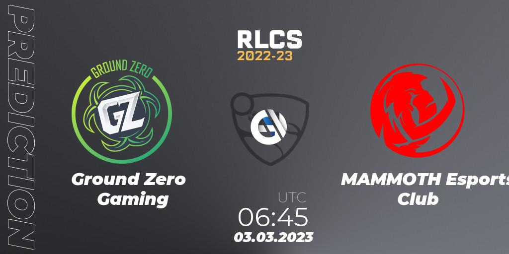 Ground Zero Gaming - MAMMOTH Esports Club: ennuste. 03.03.2023 at 06:45, Rocket League, RLCS 2022-23 - Winter: Oceania Regional 3 - Winter Invitational