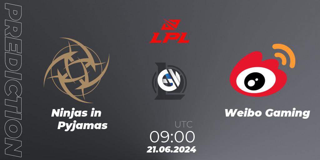Ninjas in Pyjamas - Weibo Gaming: ennuste. 21.06.2024 at 11:00, LoL, LPL 2024 Summer - Group Stage