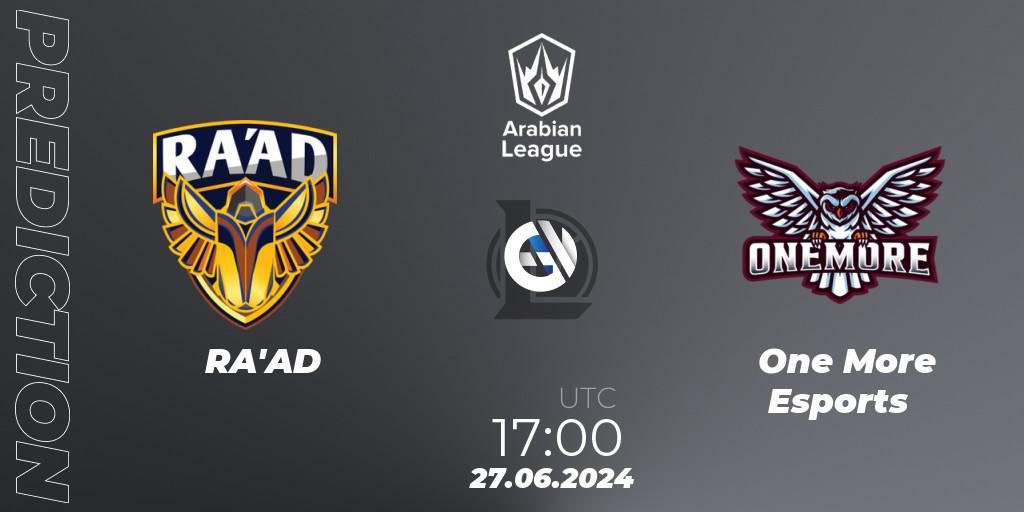 RA'AD - One More Esports: ennuste. 26.06.2024 at 18:00, LoL, Arabian League Summer 2024