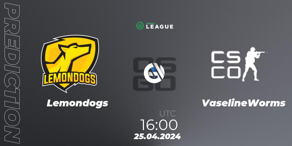 Lemondogs - VaselineWorms: ennuste. 25.04.2024 at 16:00, Counter-Strike (CS2), ESEA Season 49: Advanced Division - Europe