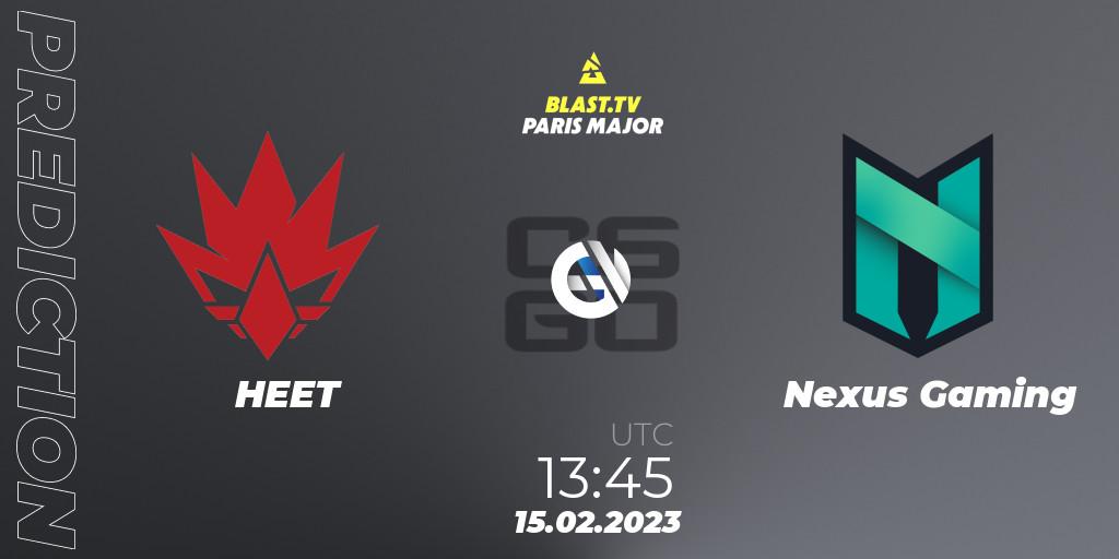 HEET - Nexus Gaming: ennuste. 15.02.2023 at 13:45, Counter-Strike (CS2), BLAST.tv Paris Major 2023 Europe RMR Open Qualifier 2