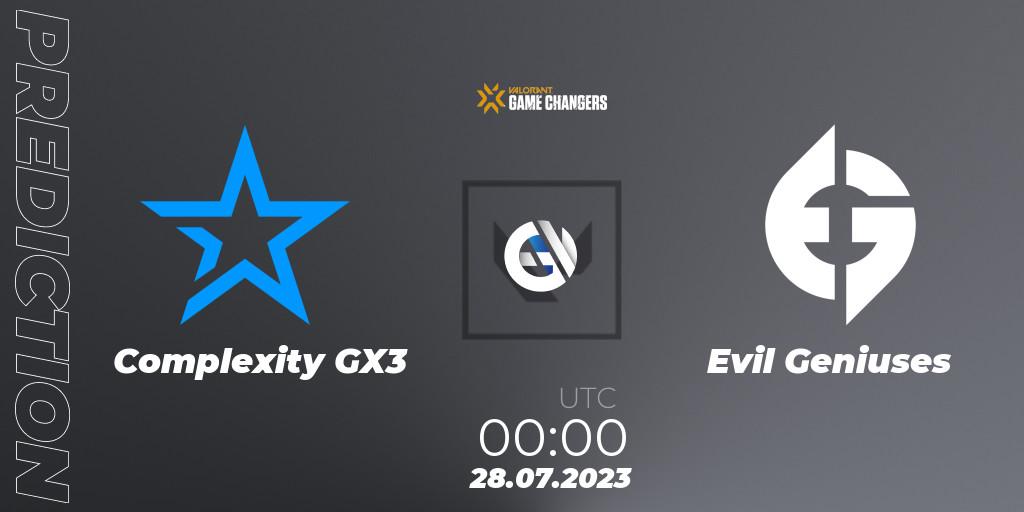 Complexity GX3 - Evil Geniuses: ennuste. 28.07.2023 at 00:00, VALORANT, VCT 2023: Game Changers North America Series S2