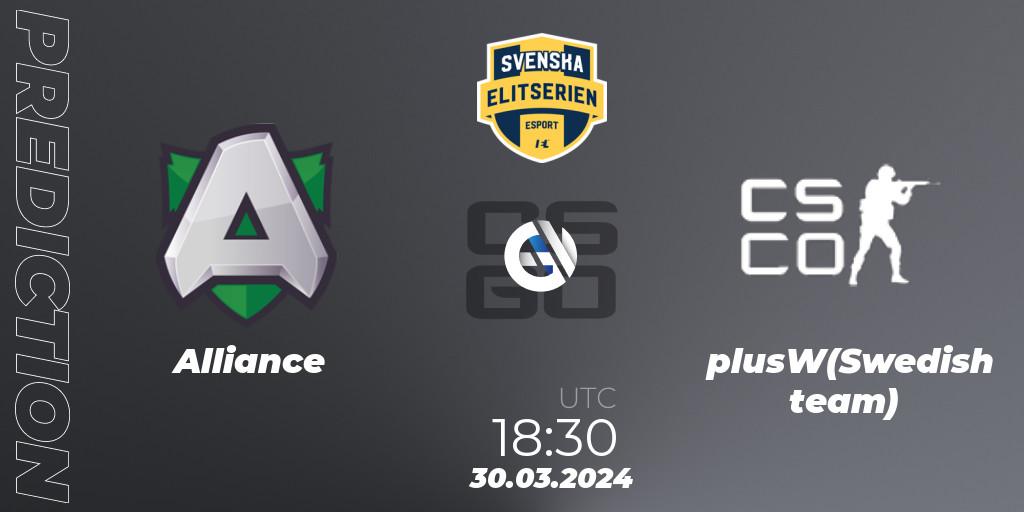 Alliance - plusW(Swedish team): ennuste. 28.03.2024 at 15:10, Counter-Strike (CS2), Svenska Elitserien Spring 2024