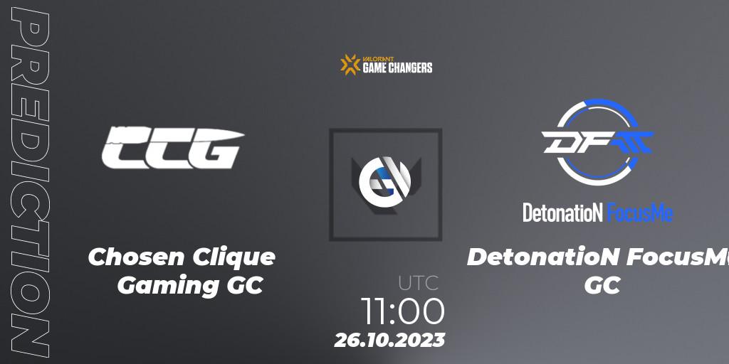 Chosen Clique Gaming GC - DetonatioN FocusMe GC: ennuste. 26.10.2023 at 11:00, VALORANT, VCT 2023: Game Changers East Asia